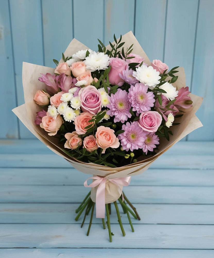 Букет цветов из: Хризантемы, Розы и Альстромерии в Поселке имени Свердлова