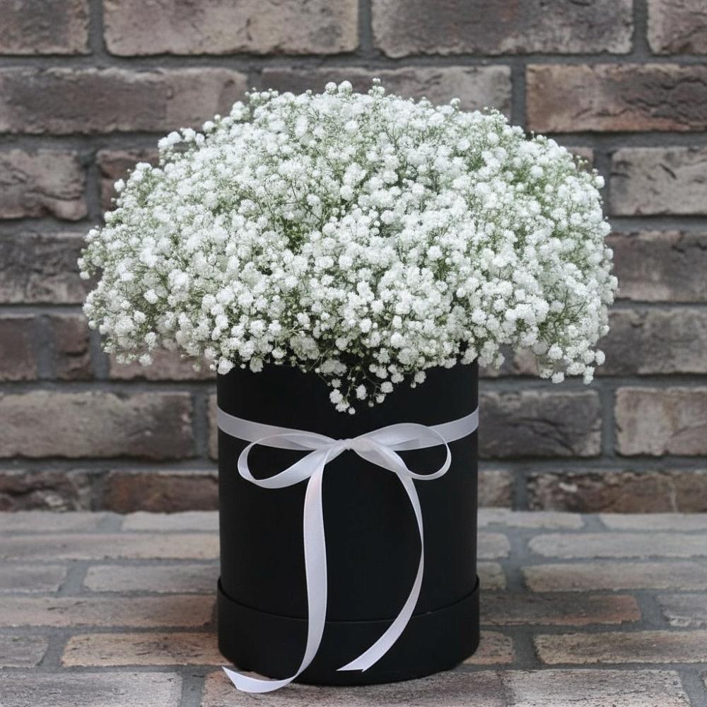 Цветочная композиция из Гипсофила в шляпной коробке в Поселке имени Свердлова