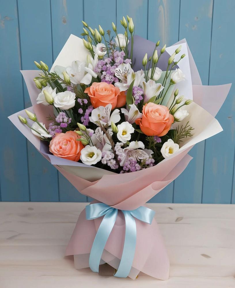 Букет цветов из: Лизиантусы, Розы, Альстромерии и Гипсофила в Поселке имени Свердлова
