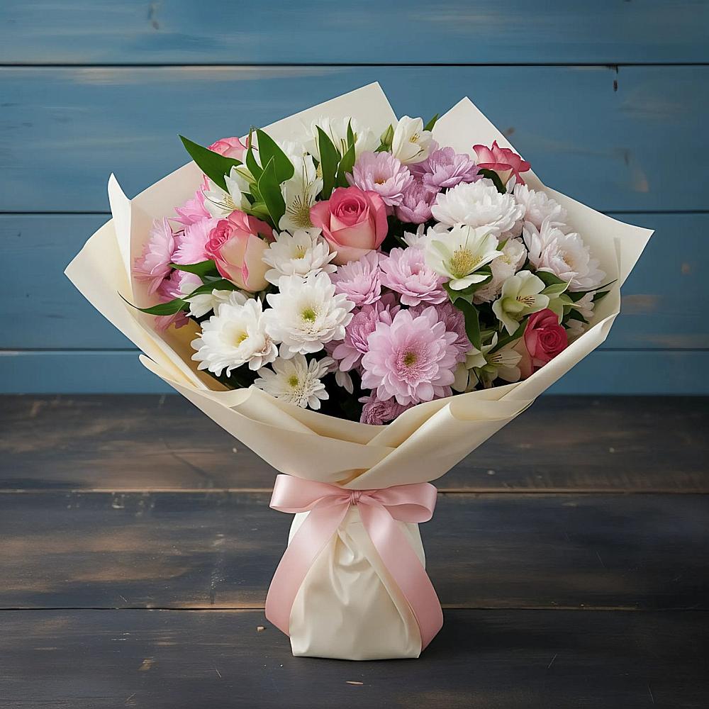 Букет цветов из: Хризантемы, Альстромерии и Розы в Поселке имени Свердлова